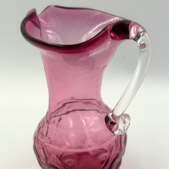 VTG Cranberry Glass Creamer & Sugar Set Hand Blown Diamond Pattern Cottagecore - Picture 3 of 12